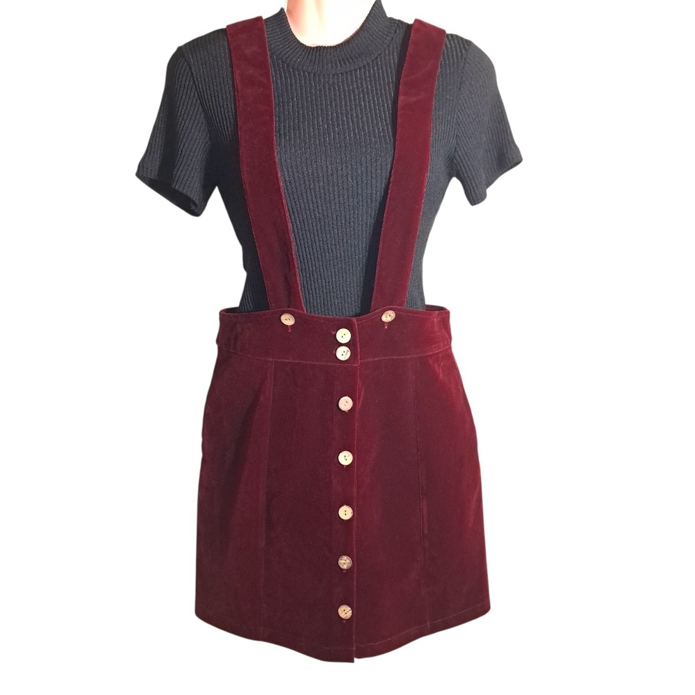 Shein Overall Skirt Button Sleeveless Size‎ S Burgundy Velvet Casual Party